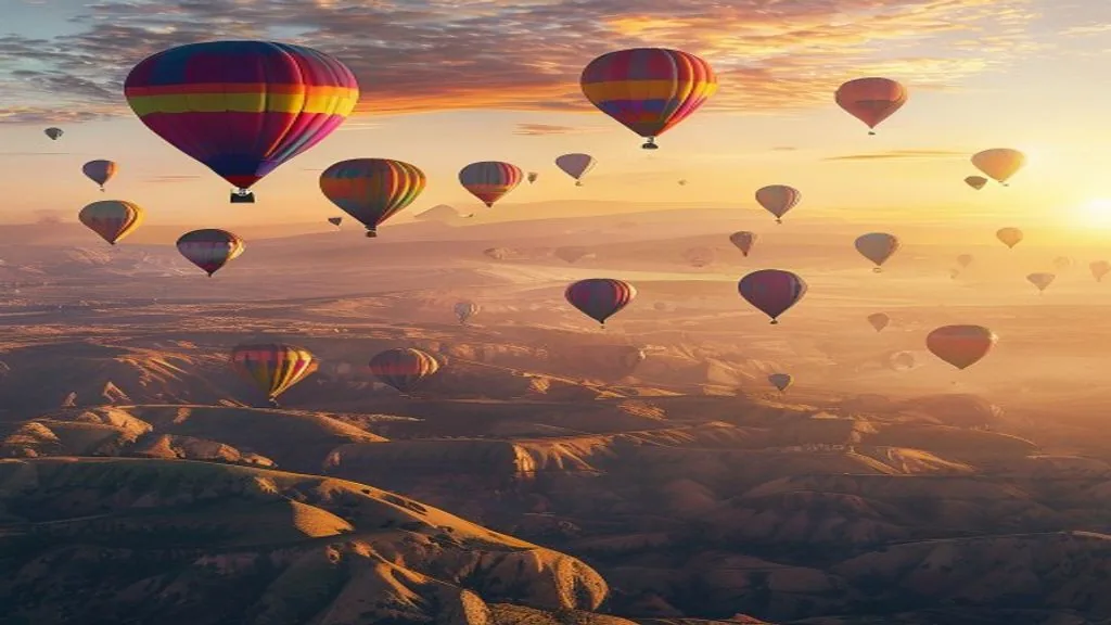 Heißluftballons bei Sonnenaufgang über den Feenkaminen Kappadokiens
