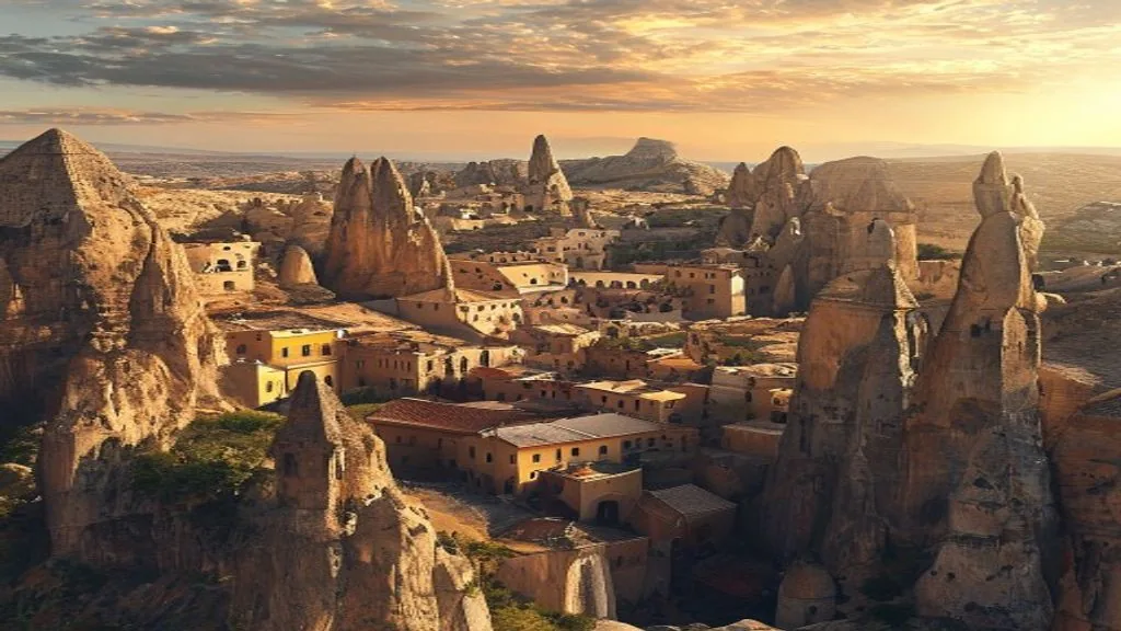Blick über Göreme mit Höhlenhäusern und Heißluftballons