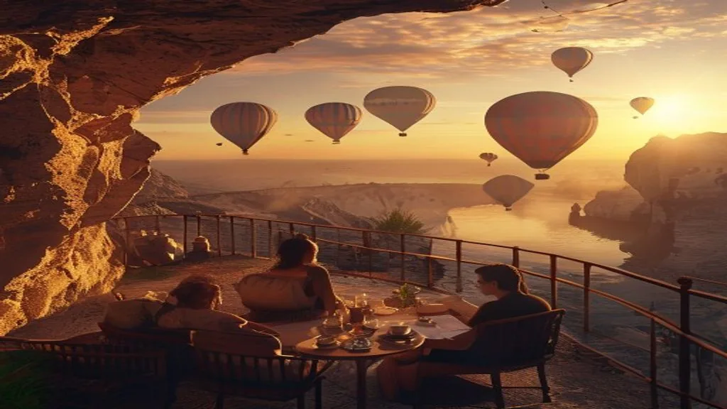 Romantische Höhlenhotel-Terrasse in Kappadokien bei Sonnenaufgang
