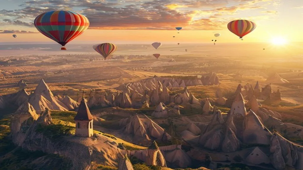 Panorama Kappadokiens mit Feenkaminen und Ballons