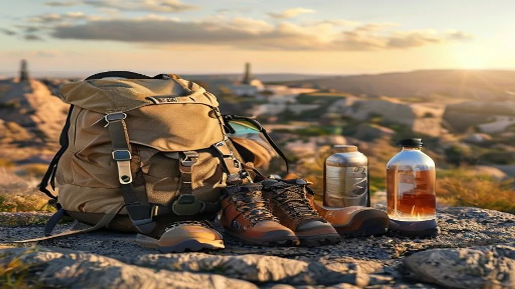 Wander-Ausrüstung und Rucksack vor der Landschaft Kappadokiens