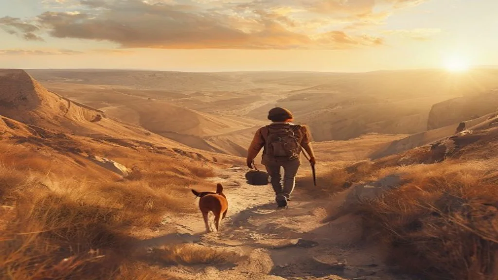 Reisender mit Hund auf einem Talweg in Kappadokien