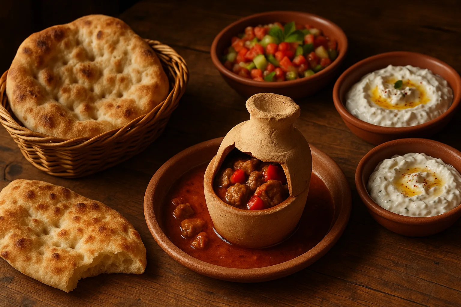 Traditionelles kappadokisches Testi Kebab und Mezze auf rustikalem Tisch