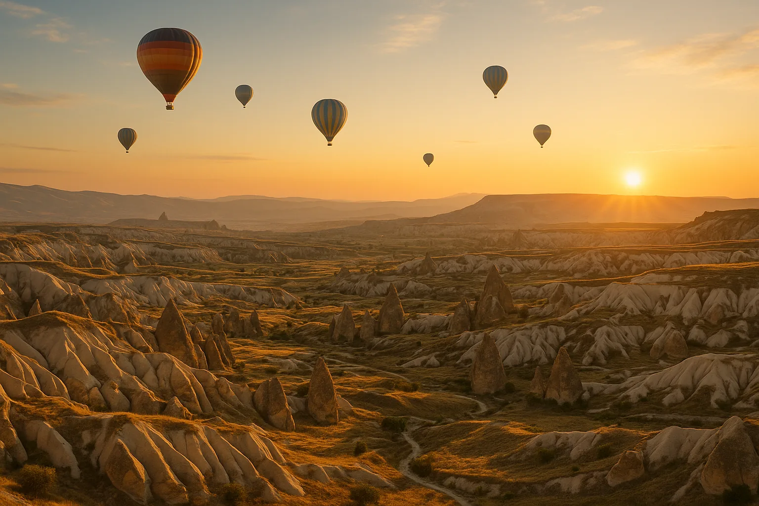 Heißluftballons über der Landschaft Kappadokiens bei Sonnenaufgang