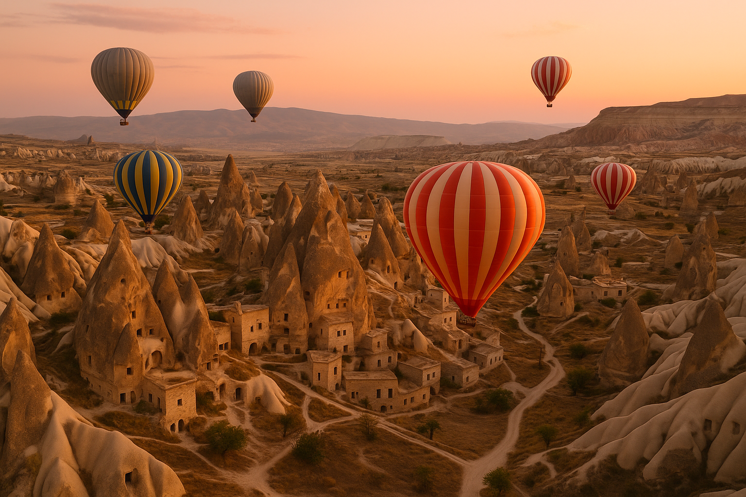 Heißluftballons tief über den Felsen Kappadokiens im Morgenlicht