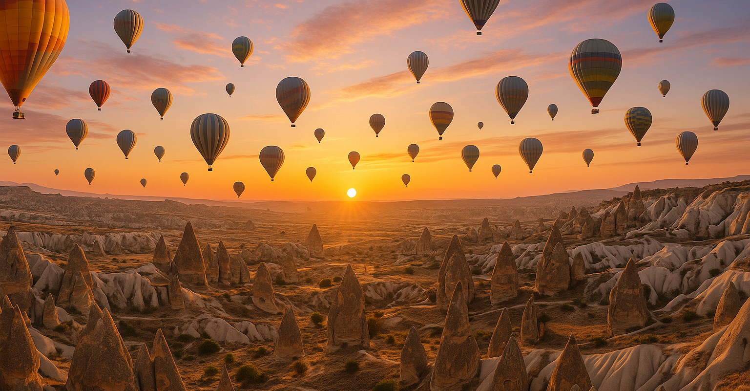Sonnenaufgang mit Ballons über Kappadokien