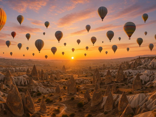 Sonnenaufgang mit Ballons über Kappadokien