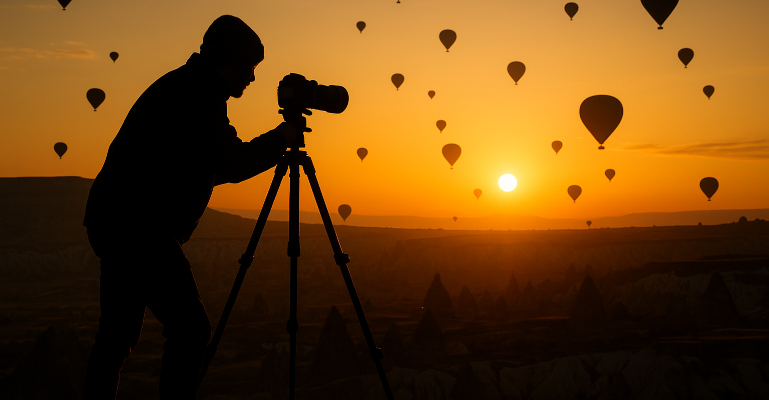 Fotograf fotografiert Sonnenaufgang mit Ballons in Kappadokien