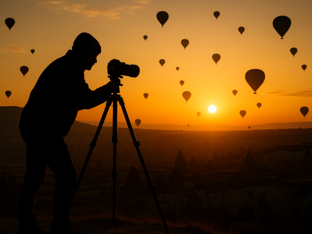 Fotograf fotografiert Sonnenaufgang mit Ballons in Kappadokien