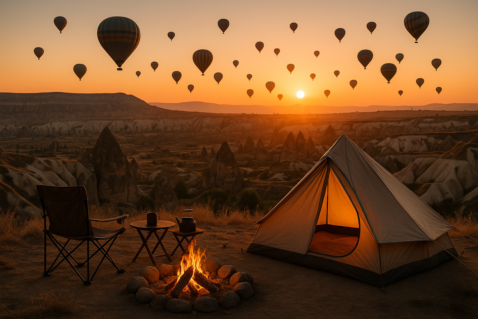 Camping bei Sonnenaufgang in Kappadokien mit Ballons