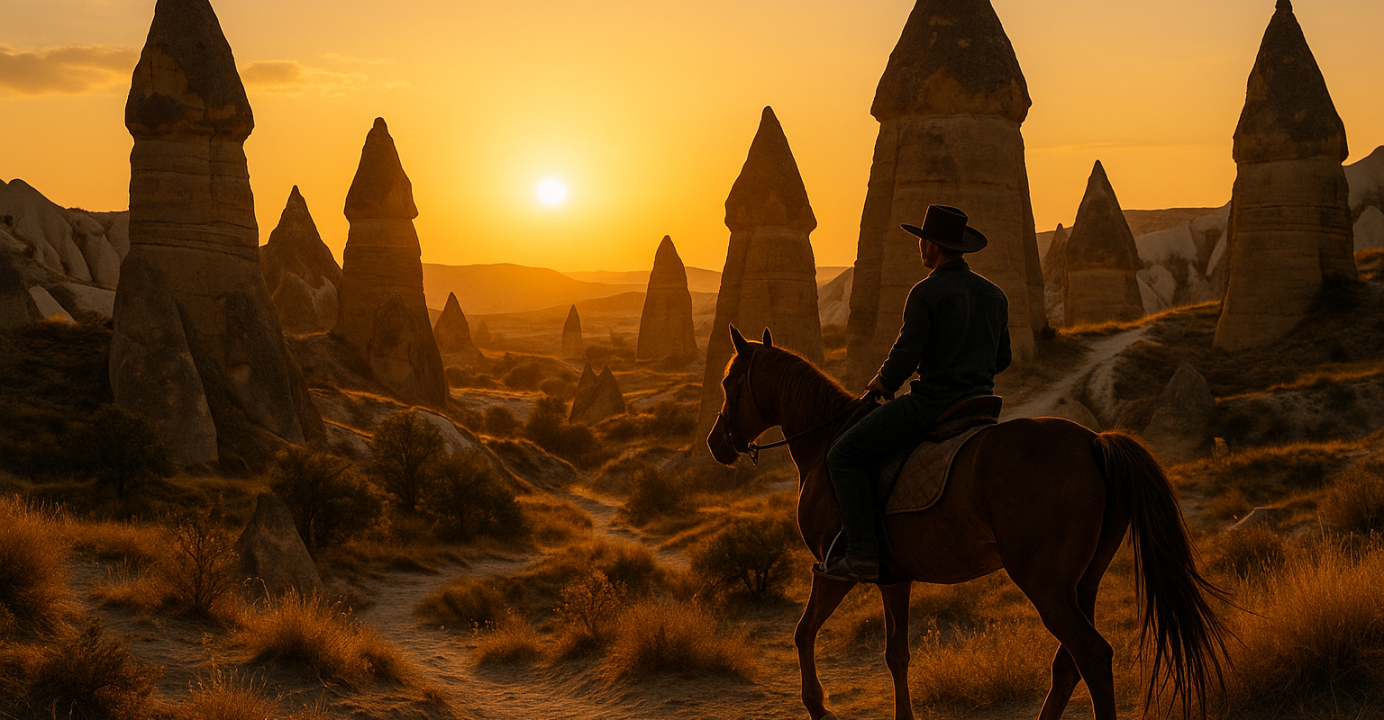 Reiten durch die Täler Kappadokiens bei Sonnenuntergang