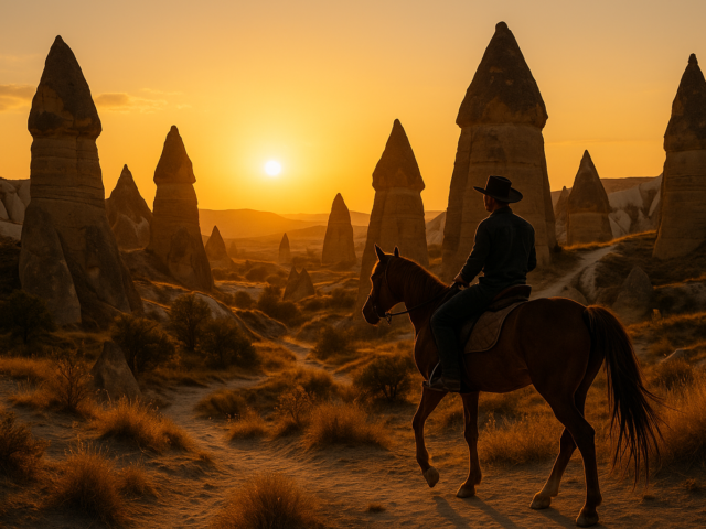 Reiten durch die Täler Kappadokiens bei Sonnenuntergang