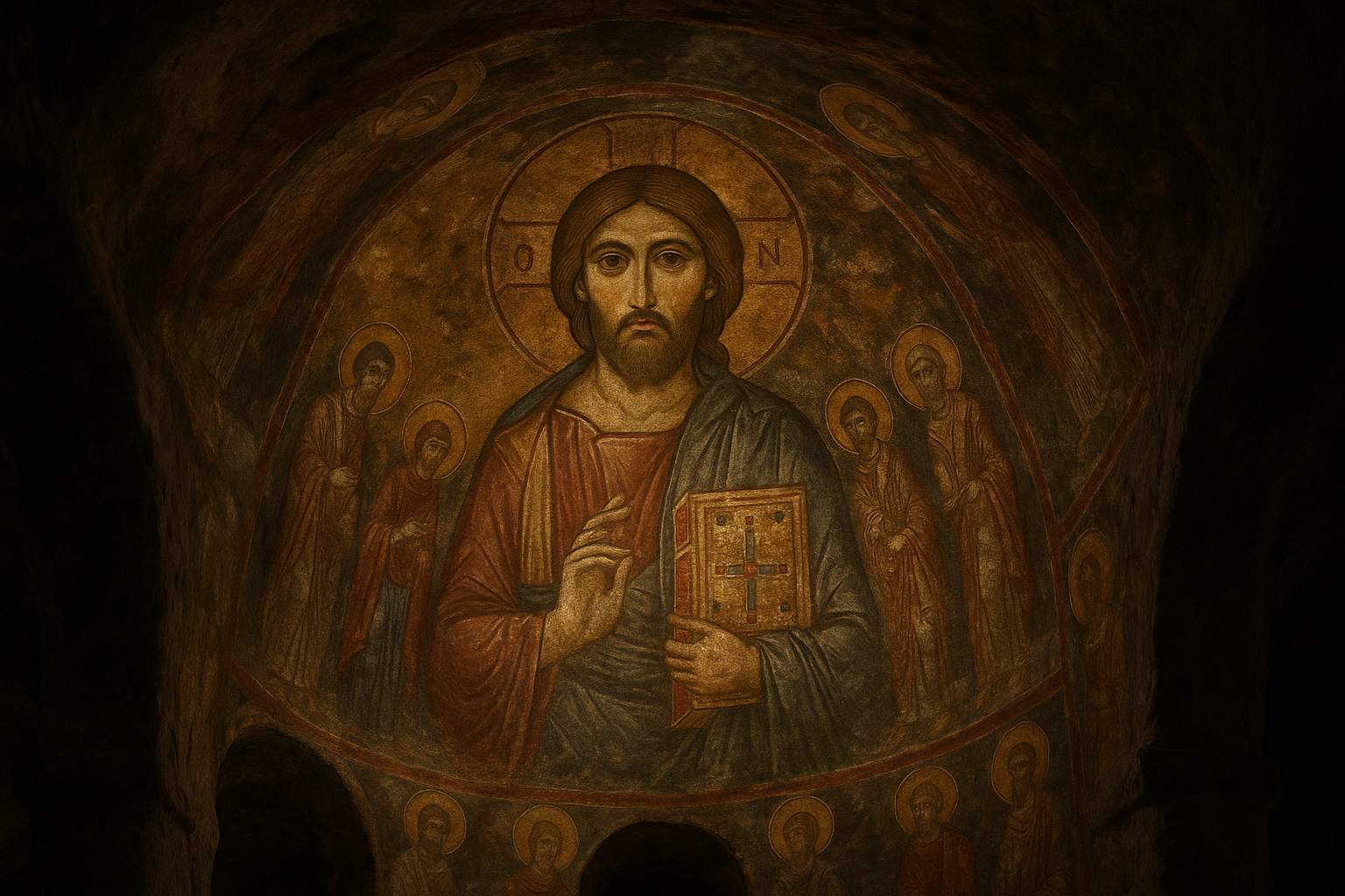 Byzantinisches Kuppelfresko mit Christus Pantokrator in einer Höhlenkirche