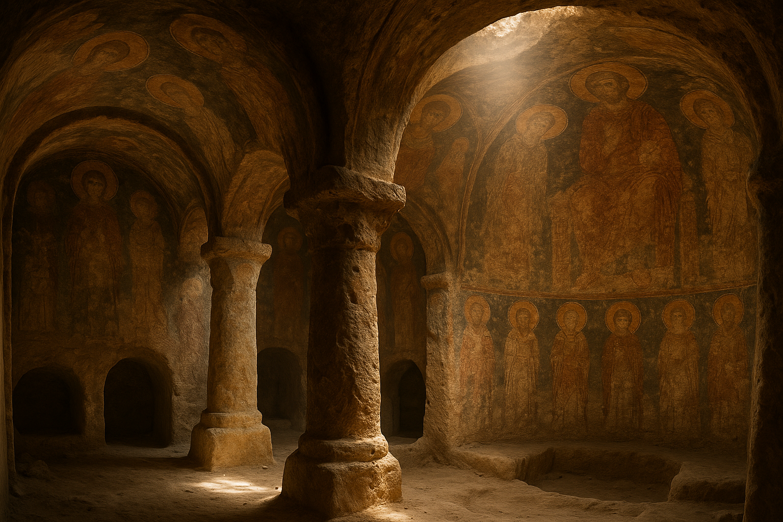 Innenraum einer byzantinischen Höhlenkirche in Kappadokien mit Fresken