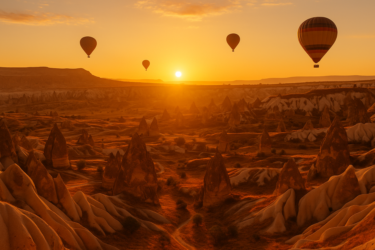 Panorama von Kappadokien mit Feenkaminen und Heißluftballons bei Sonnenaufgang