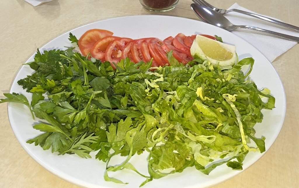 Frischer Beilagensalat mit Tomaten, Petersilie, Salat und Zitrone bei Ali Usta in Derinkuyu