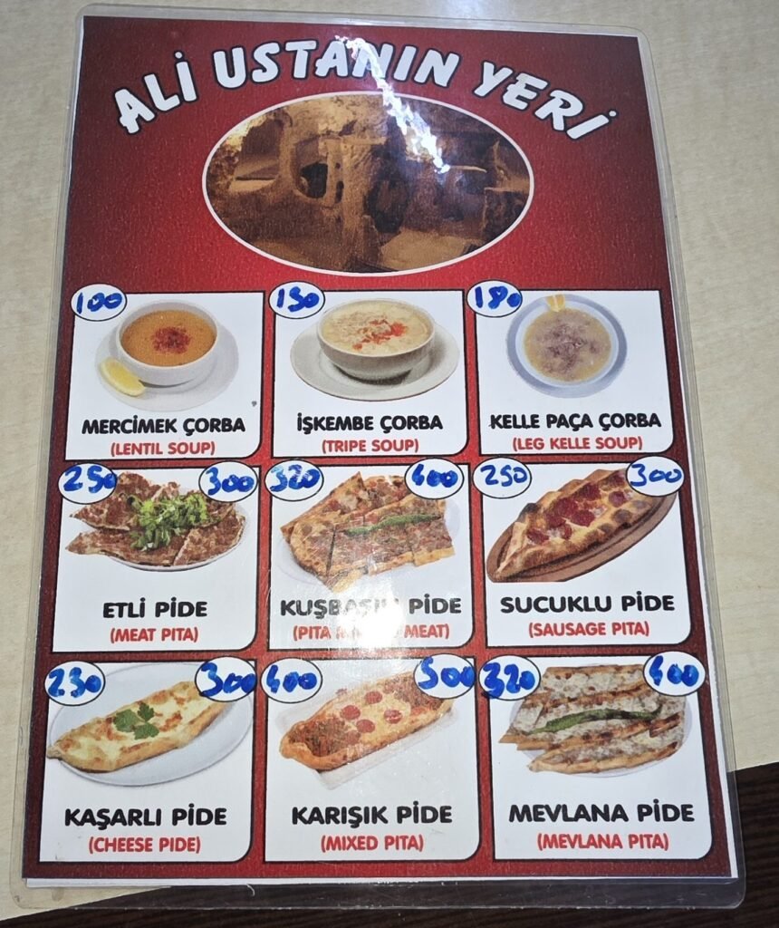 Speisekarte von Ali Usta mit Çorba- und Pide-Auswahl und Preisen