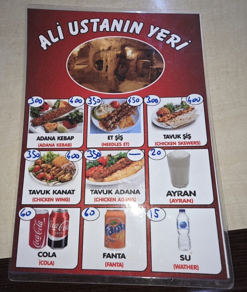 Speisekarte von Ali Usta mit Adana Kebap, Et Şiş, Tavuk Şiş und Preisen